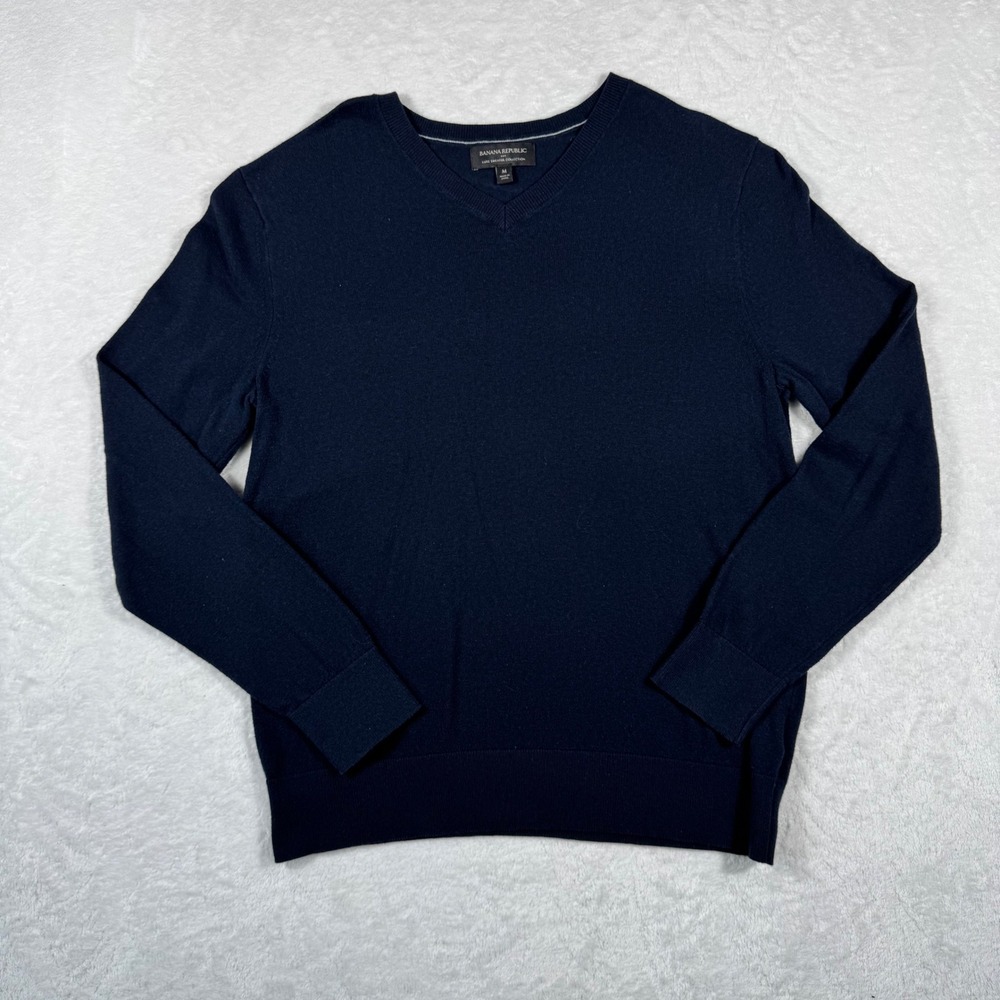 Banana Republic Luxe Sweater Mens Medium Navy Blue V-Neck Cotton Blend Pullover